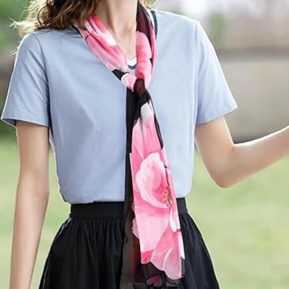 LIANG DIAN Black with Pink Flowers Lightweight Scarf Wrap 60 x 19 inches - Picture 9 of 12